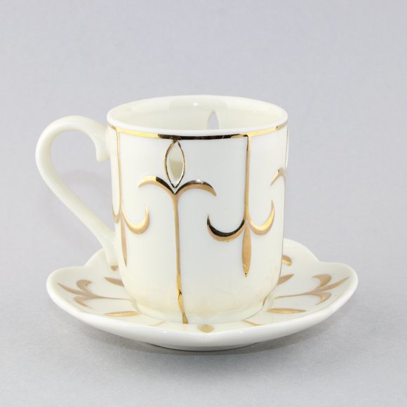 Partylite White With Gold Fleur De Lis Tea Cup Saucer Votive Candle Holder - Picture 1 of 12